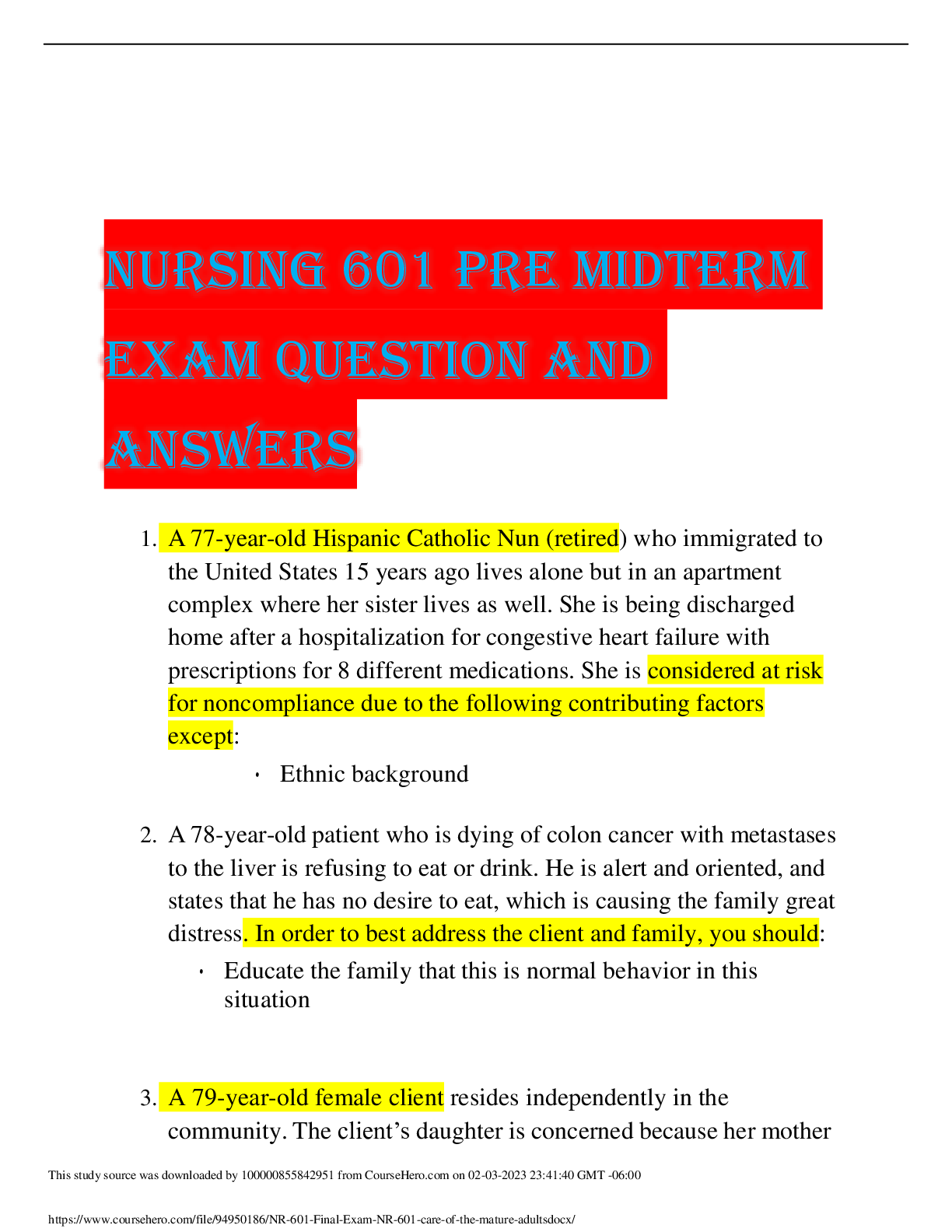 NURSING 601 PRE MIDTERM EXAM QUESTION AND ANSWERS Browsegrades